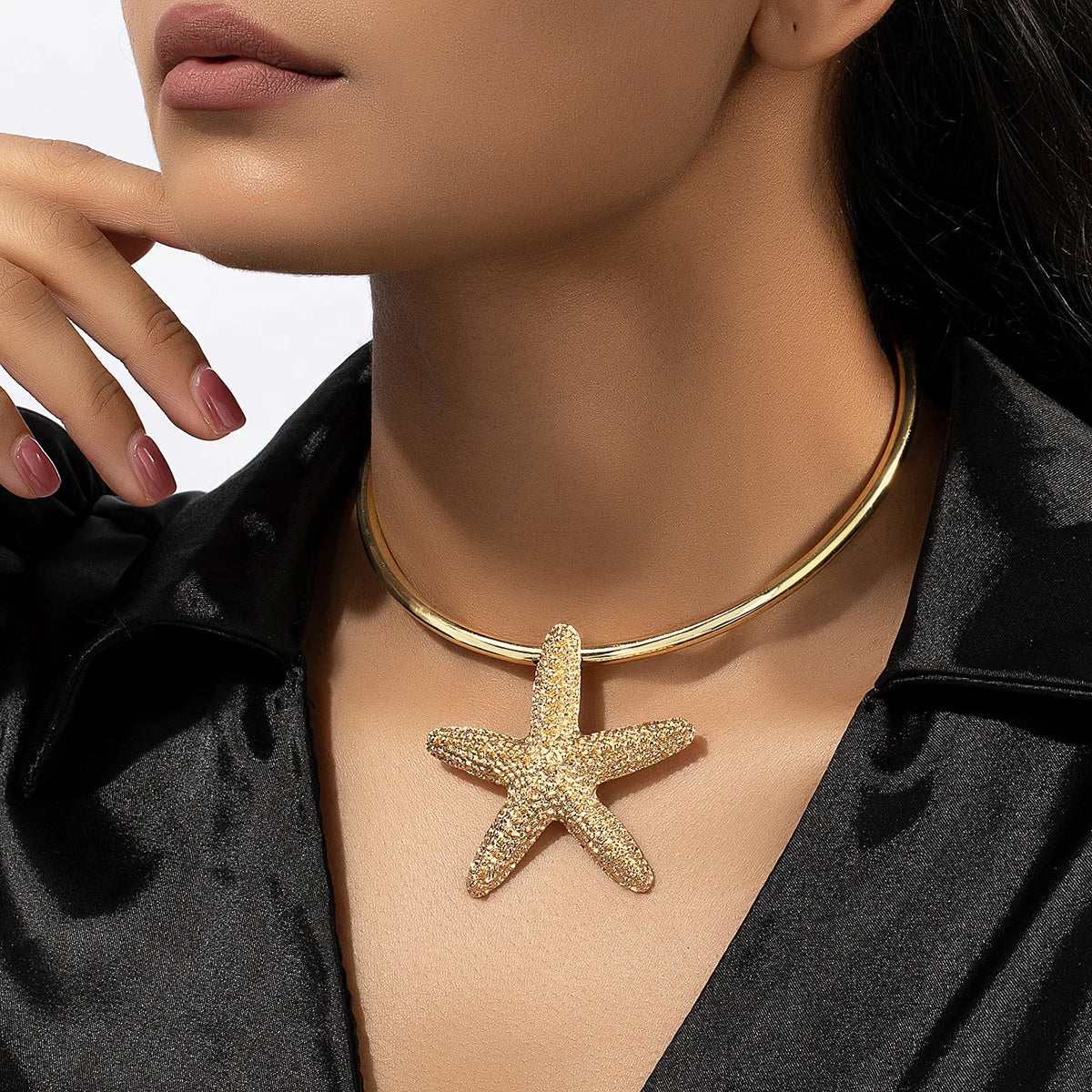 Simple Boho Metal Big Starfish Star Pendant Choker Necklace Earring Set Women Gold Color Jewelry Accessories