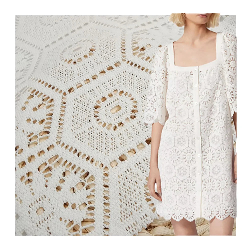 Eco-friendly New Design Soft Hand Feel T/C Lace Yarn Dyed Tricot Knitted Crocheted Fabric for Vacation Wearing Dress