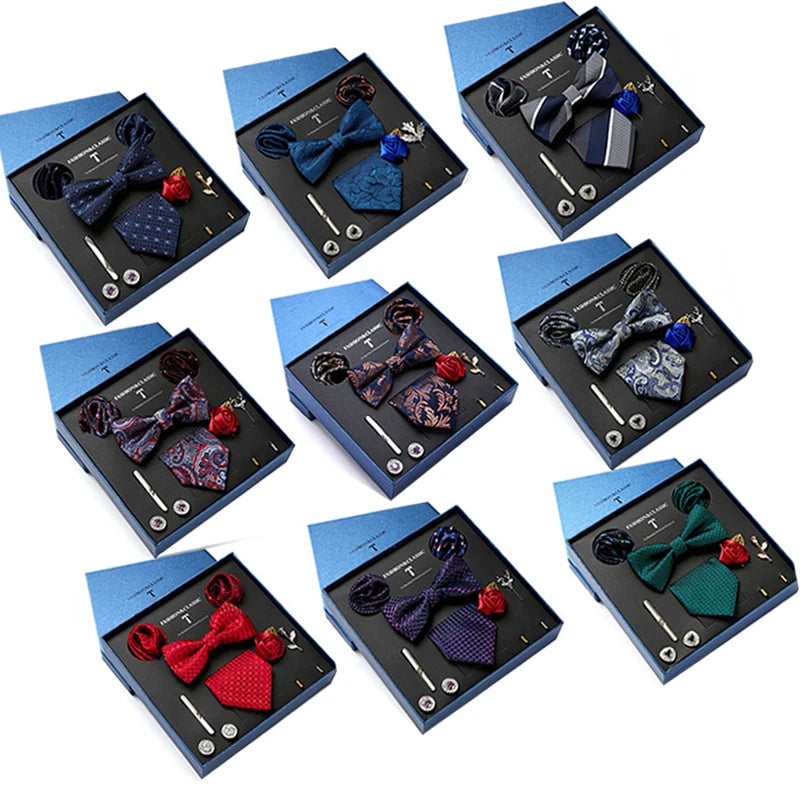 Fashion Men's Tie Gift Box Luxury Brand Necktie Bowtie Pocket Square Brooches Cufflinks Clips Suit for Party Wedding Man Gifts