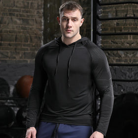 Mens 4 Way Stretch Hooded Shirt Dry Fit Breathable Custom Logo Gym Shirt Printed Long Sleeve Mens Fitness Shirt
