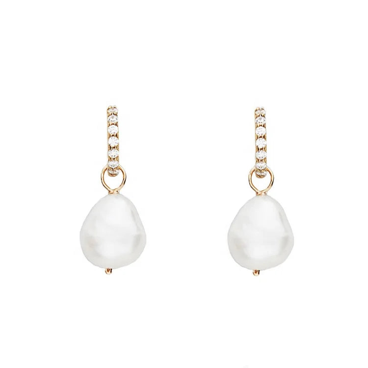 Korean 925 Sterling Silver Pave Diamond CZ Huggie Baroque Pearl Drop Earring