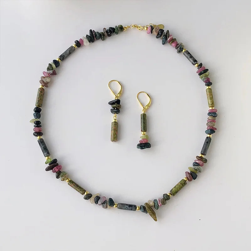 Beaded Necklace Earrings Set Natural Stone Waterproof Stainless Steel Ear Buckle Fashion Jewelry for Women 2024 New Gift