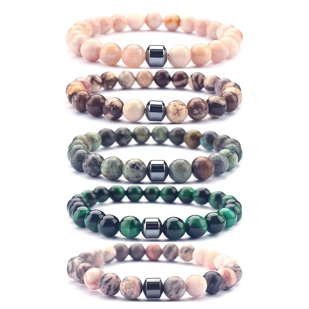 Wholesale Trendy Healing Stone Beads Bracelet Natural Gemstone Picasso Jasper and Magnetic Hematite Jade Bracelet