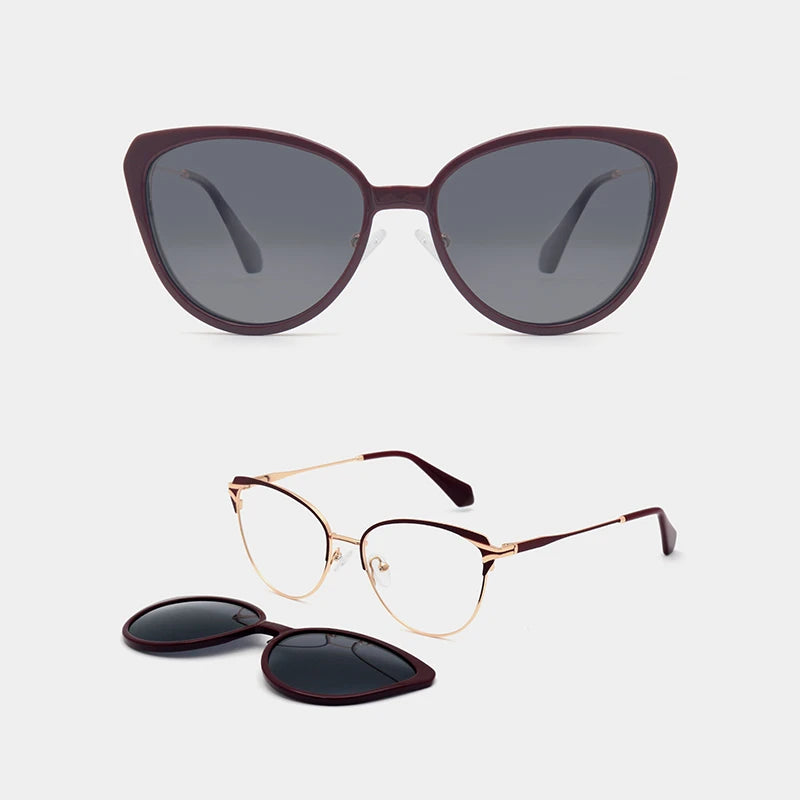 2026 Metal Frame Magnetic Clip on Polarized Eyeglasses Frame Women Eyeglasses Cat Eye Shades Sun Glasses Monturas Opticas