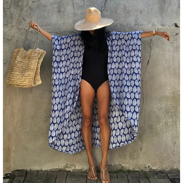 Muslim Rayon Leaf Pattern Holiday Dress Sunscreen Cardigan Beach Cover up