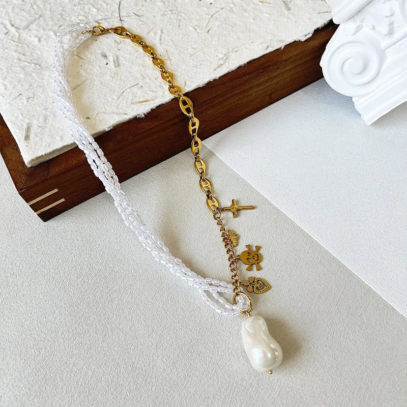 Adjustable Stainless Steel Seashell Bead Necklace Gold Plated Heart Pattern Chains with Pearls for Party Beach Gift MegaBDM