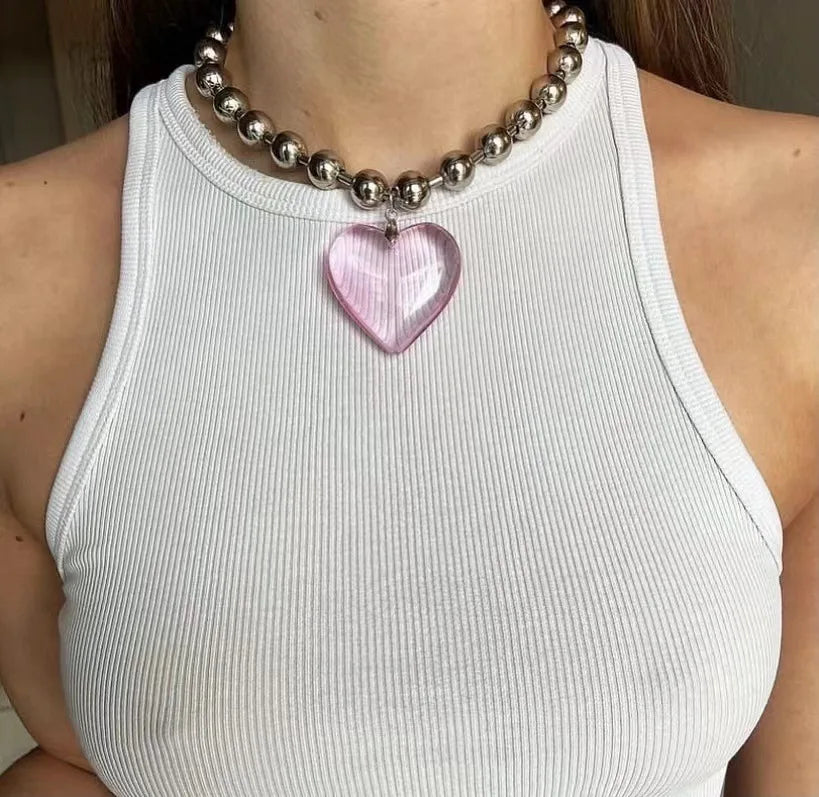 Korean Hiphop Round Beaded Chain Necklace Summer Cool Colorful Crystal Love Heart Choker Necklace for Ladies