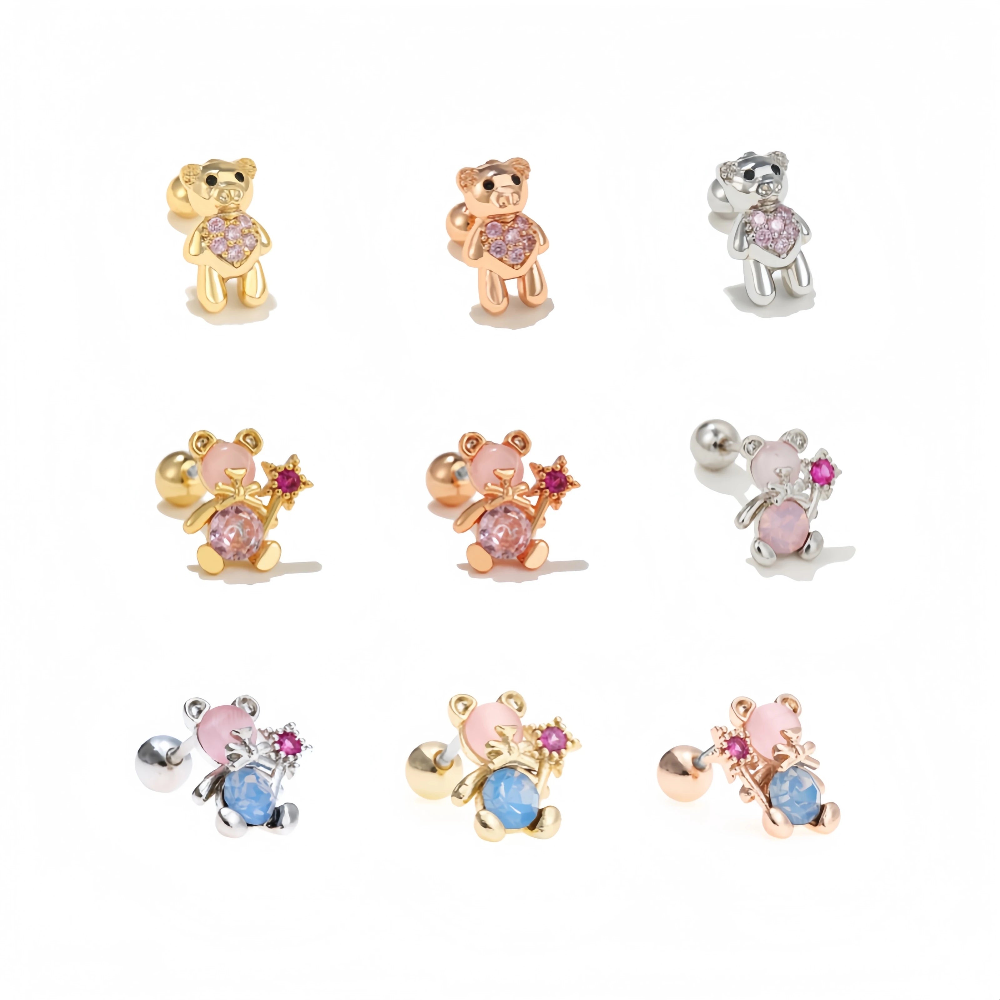 Wholesale New Piercing Jewelry Girls Cute Zircon Bear Ear Bone Stud Screw Puncture Magic Wand Small Ear Stud Earrings  for Women