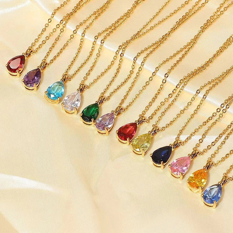 Y151 Wholesale Collier Acier Inoxydable Bijoux Femme 18k Gold Plated Stainless Steel Water Drop 12 Birthstone Pendant Necklaces