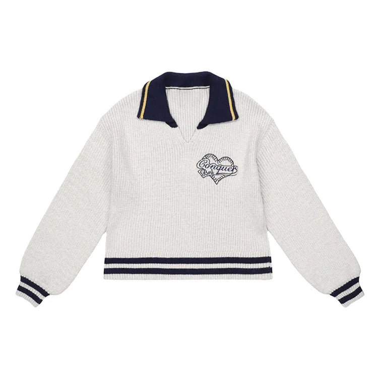 Oem Polo Knitted V Neck Sweater Embroidery Customized Logo Stripes Sweater 100% Cotton 7gg Long Sleeves Knit Sweater