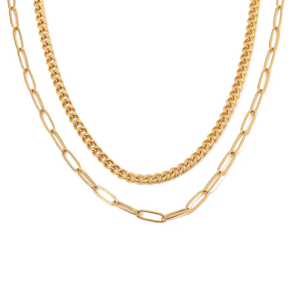 Waterproof Jewelry Minimal Double Figaro Chain Choker Jewelry 18k Gold Plated Stainless Steel Double Layer Necklace YF3270