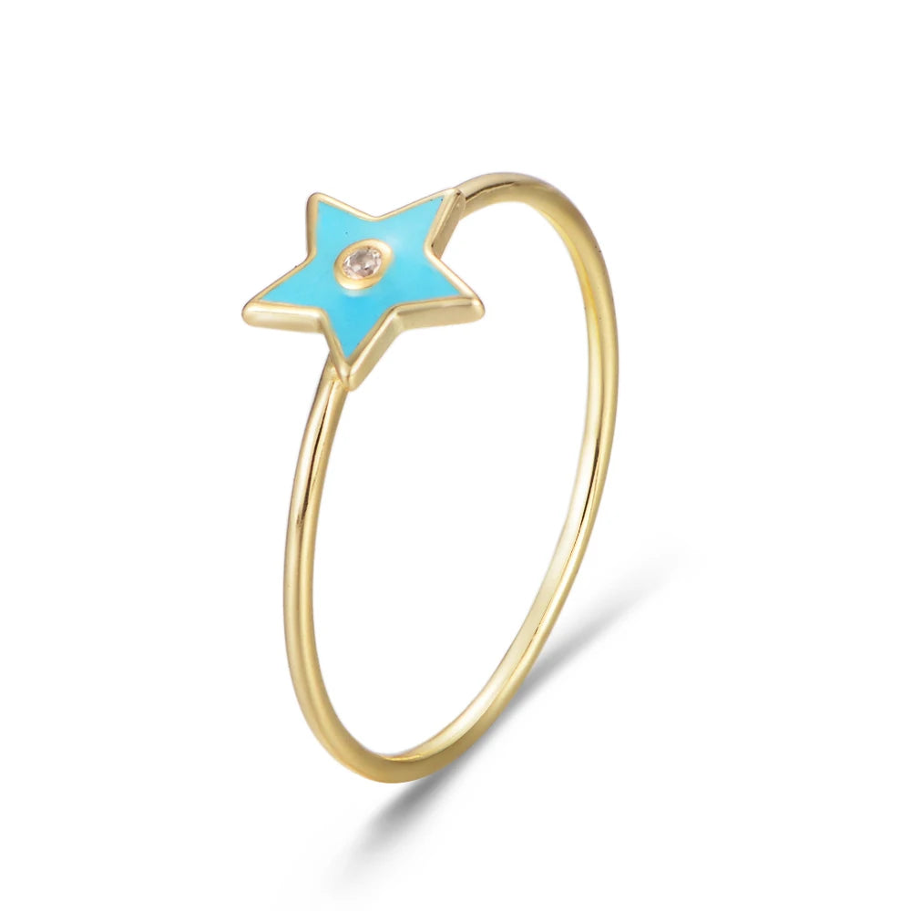 Fashion Simple Women Gold Plated 925 Silver Star Ring White Zircon Stone Jewelry Enamel Ring