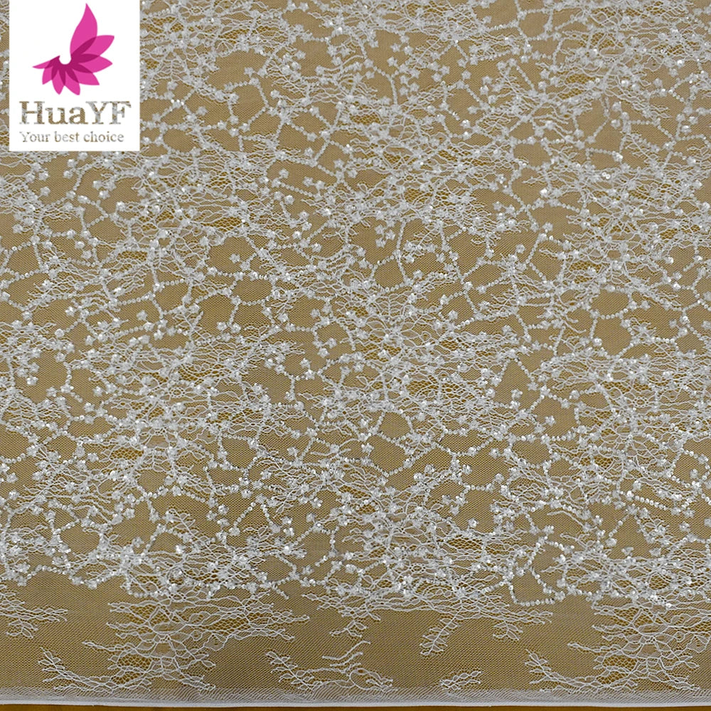 French New Elegant White Chantilly Beaded Lace With Crystal Sequins African Wedding Bridal Lace Dress Fabric HY2192-2