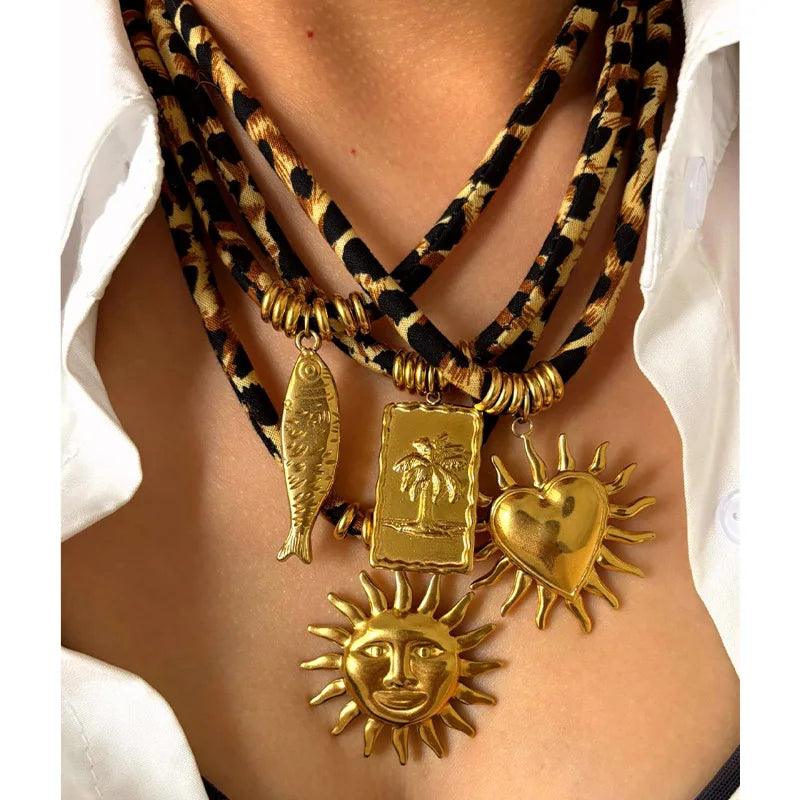 YF6241 Leopard Velvet Rope Women's Design Jewelry Stainless Steel 18k Gold Plated Heart Sun Fish Pendant Necklace MegaBDM