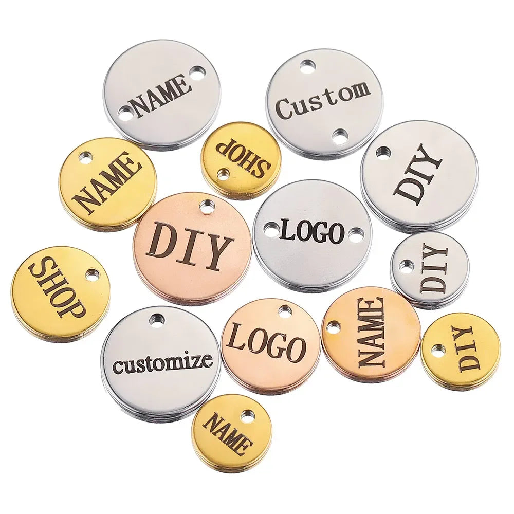 Stainless Steel Geometric Mirror Polished Name Engraved Necklace Bracelet Pendants DIY Triangle Pentagon Hexagon Circle Dog Tags
