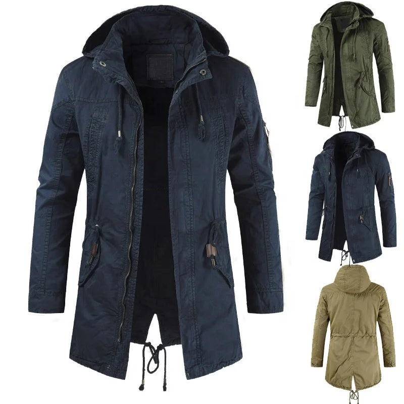 Mens Spring Casual Canvas Fleece Lined 100% Cotton Thin Tactical Hooded Stand Eco-Friendly Work Coat Multi Pockets Long Custom