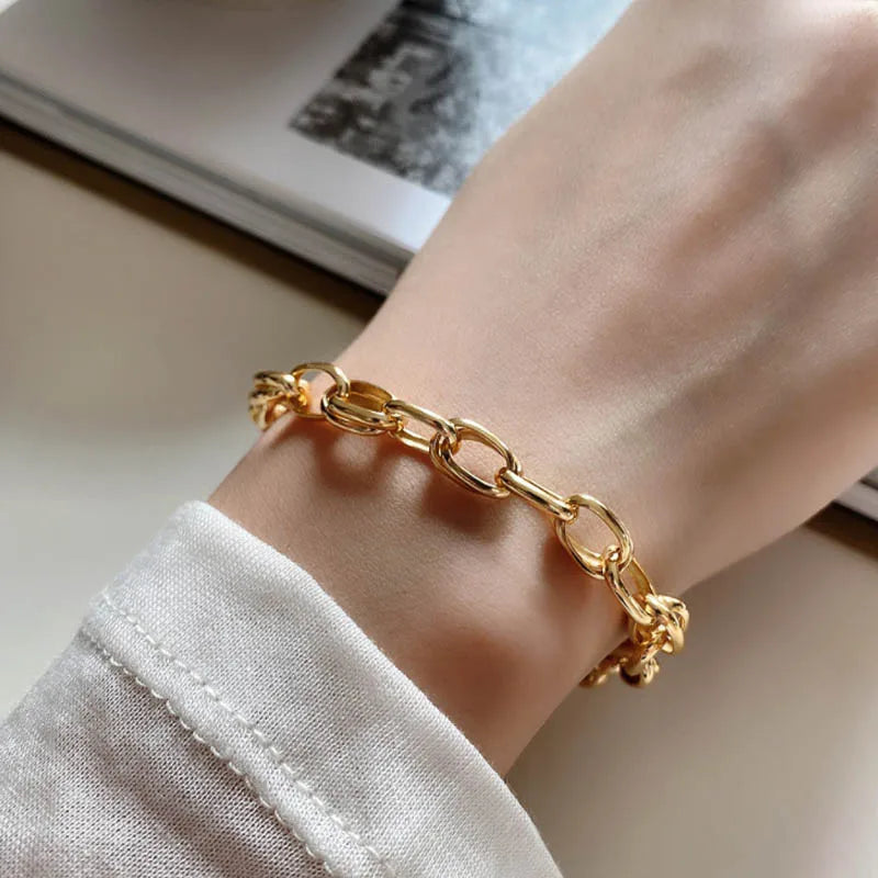 European Style Real Gold Plated Silver Link Chain Bracelet Simple 925 Sterling Silver Bracelet for Women Jewelry