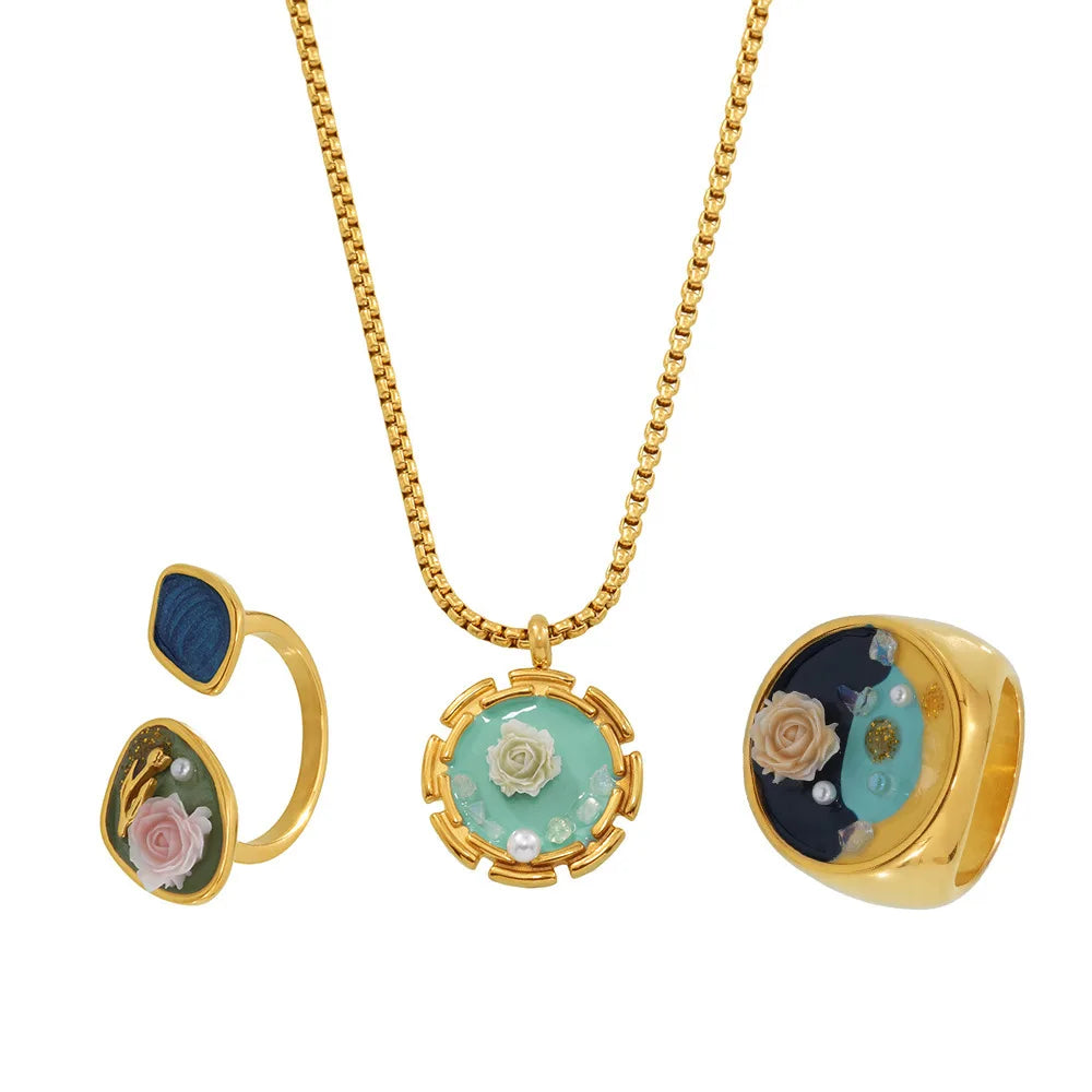 Retro Stainless Steel 18K Gold Plated Hypoallergenic Necklace Vintage Enamel Color Oil Painting Pearl Rose Pendant Necklace