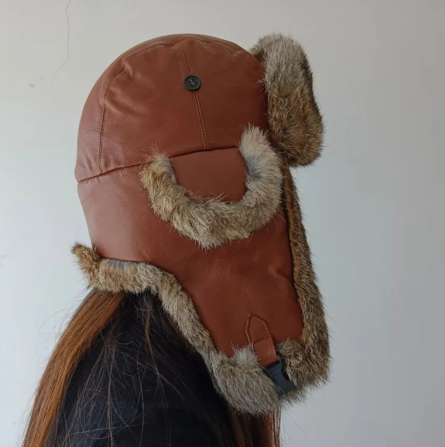 Sample Support 2026 Wholesale Stylish Trapper Hat Earflap Trapper Bomber Aviator Russian Trooper Rabbit Fur Winter Ski Hat Set