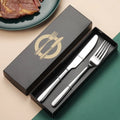 2pcs Western Flatware Sets Stainless Steel Steak Knife and Fork Set Elegant Double Ring Handle Cutlery in Black Gift Box