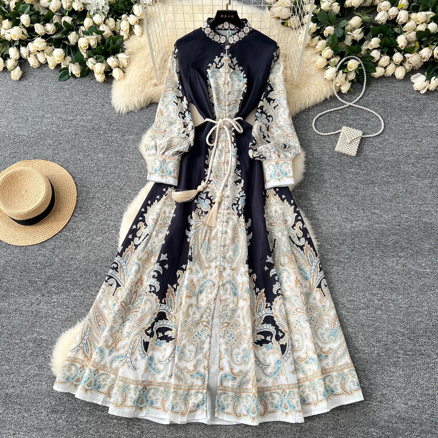 LW0695 Vintage Waist With Lantern Sleeves Fashion Printed Long Dress Spring Wear Elegant Women'S Dresses Large Size Dress