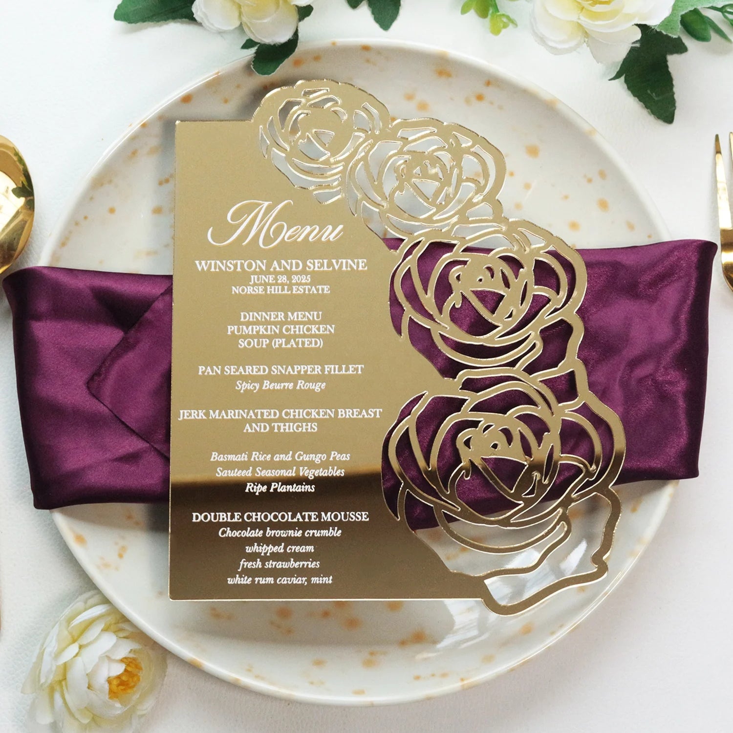Luxury Rose Acrylic Laser Cut Menu Card Gold Acrylic Menu Cards with White Hot Stamping Foiling for Wedding or Birthday