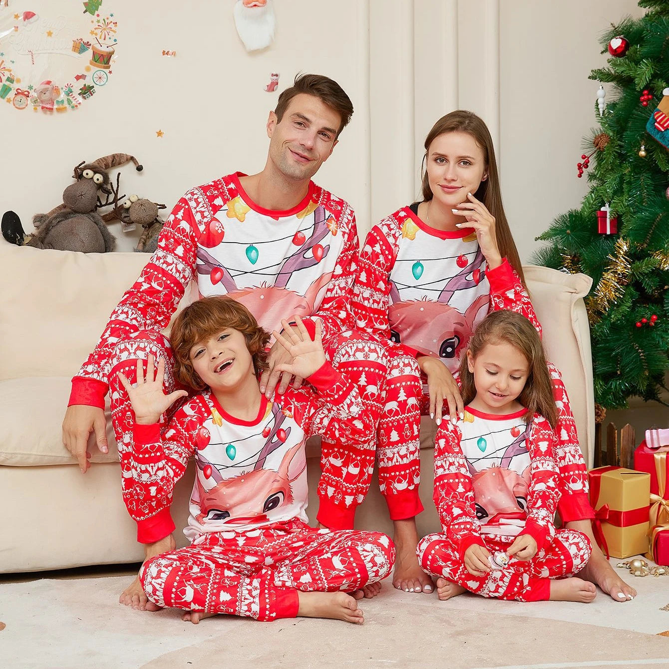 2023 New Christmas Parent-child Homewear Little Deer Print Round Neck Long Sleeve Christmas Pajama Family Matching Set