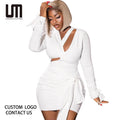 2025 Hot Sale Women's Sexy V Neck Backless Mini Dress Long Sleeve High Waist Bodycon Party Clubwear Evening Gown Wholesale