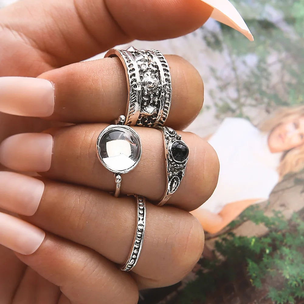 4pcs/set Vintage Rings Open Adjustable Minimalist Ring Set Antique Silver Engraved Glass Crystal Bohemia Ring Set