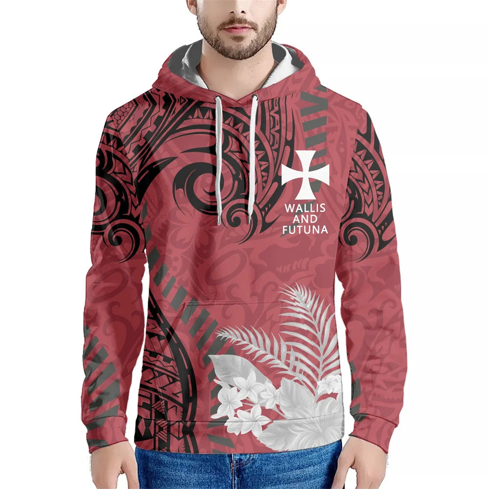 Fitspi Wholesale Sublimation Print Hood Pullover Hoodies Custom Sportswear Polynesian Wallis Futuna Floral Print Casual Hoodies