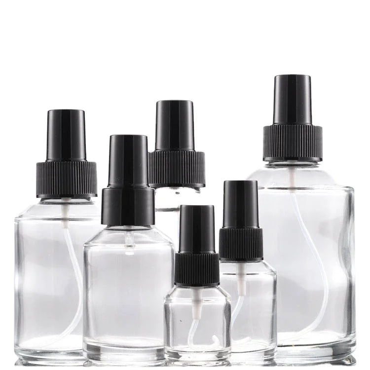30ml 60ml 100ml 120ml 200ml Clear Glass Slant Shoulder Oil  Essence Mist Spray Bottle Black Lids Glass Pump Bottles