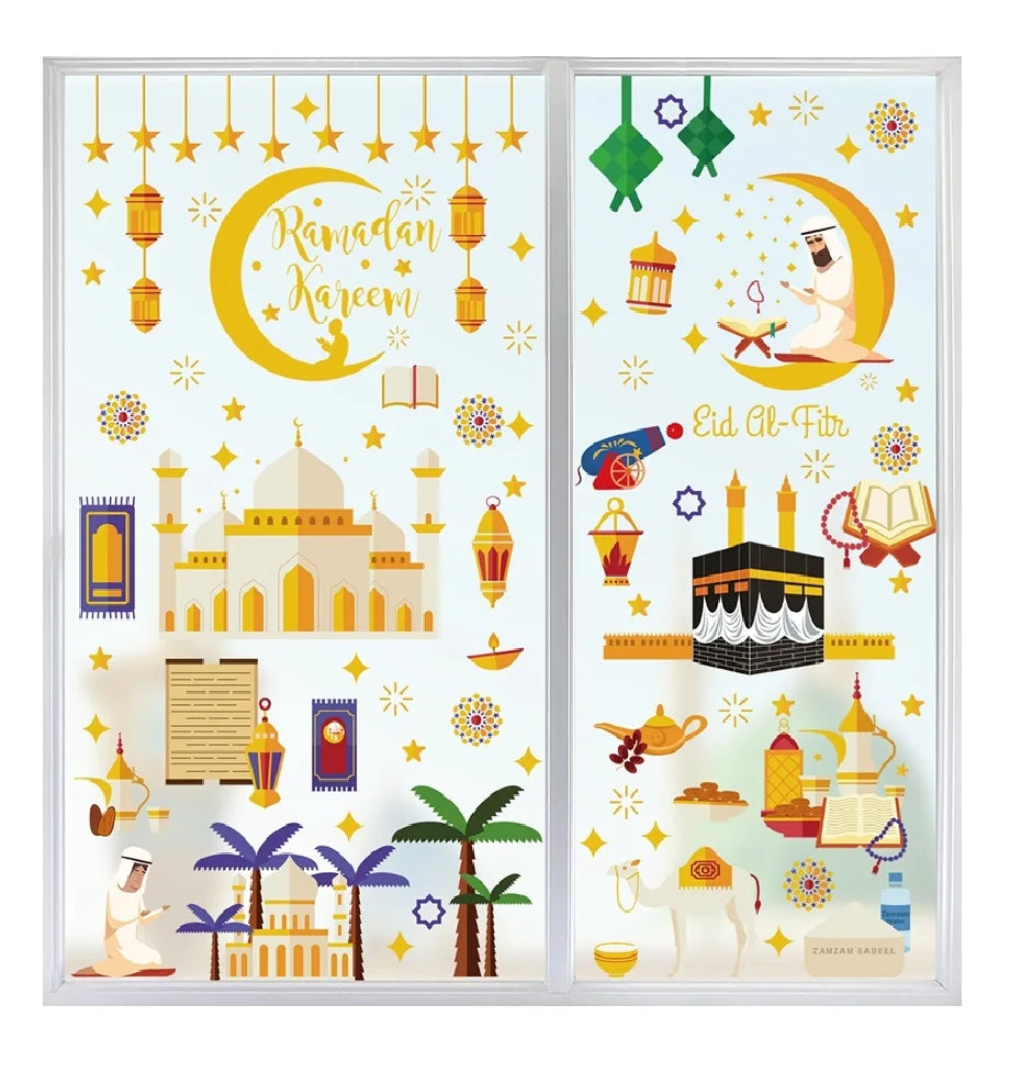 9pcs Ramadan Window Stickers Eid Mubarak Decoration Moon Pattern Ramadan Kareem Islamic Wall Sticker Muslim Holiday Wall Decor