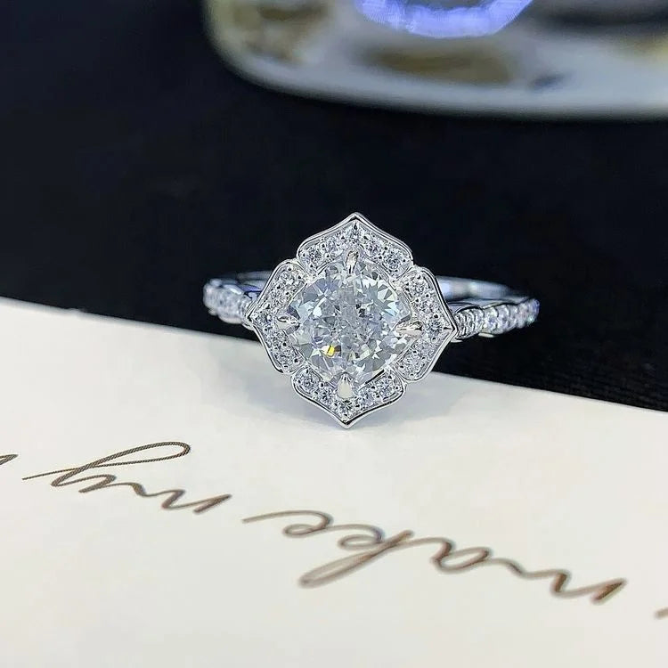Ruyi Jewelry Lab Diamond Jewelry Pure 14K 18k White Gold 1CT Cushion Cut Diamond Halo Engagement Wedding Ring