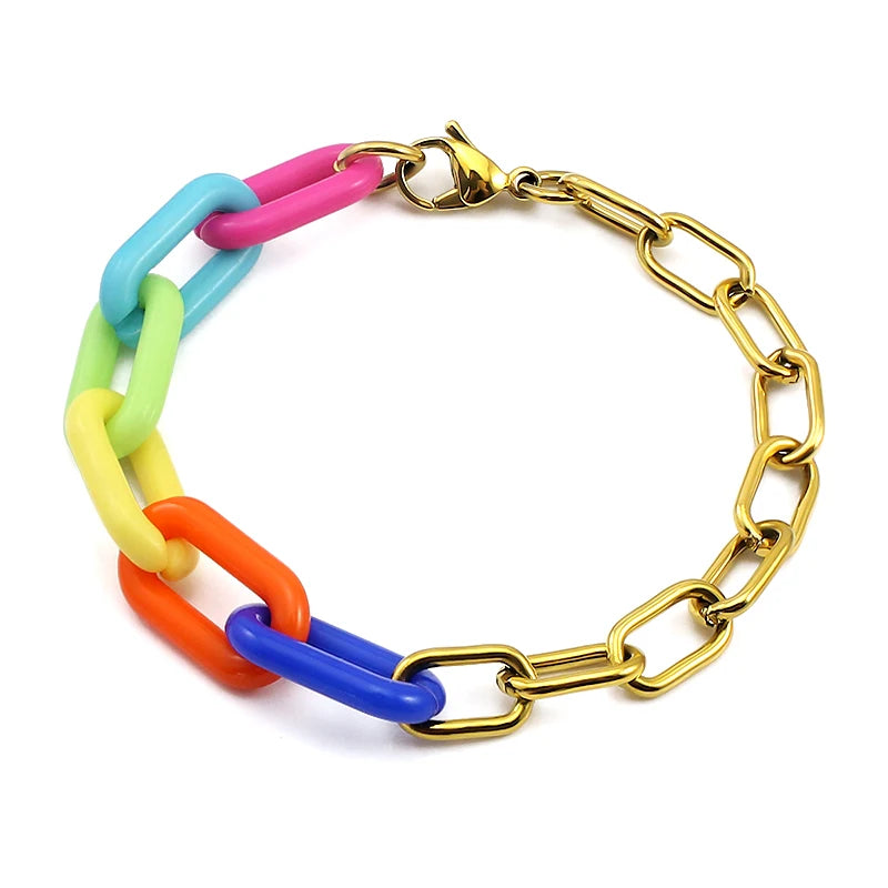 Fashion Bracelet rainbow Colorful Bracelet Necklace Gold Stainless Steel 19.5cm Bracelet Chain Design Party Free Shipping