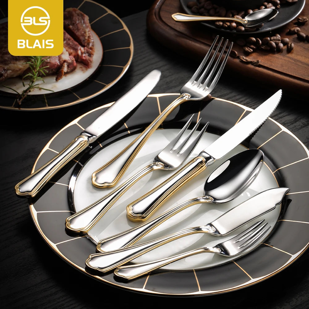High-End Heavy Vintage Gold Decorated Handle Silverware Set 304 Stainless Steel Flatware-Spoon Fork Cutlery for Parties Weddings