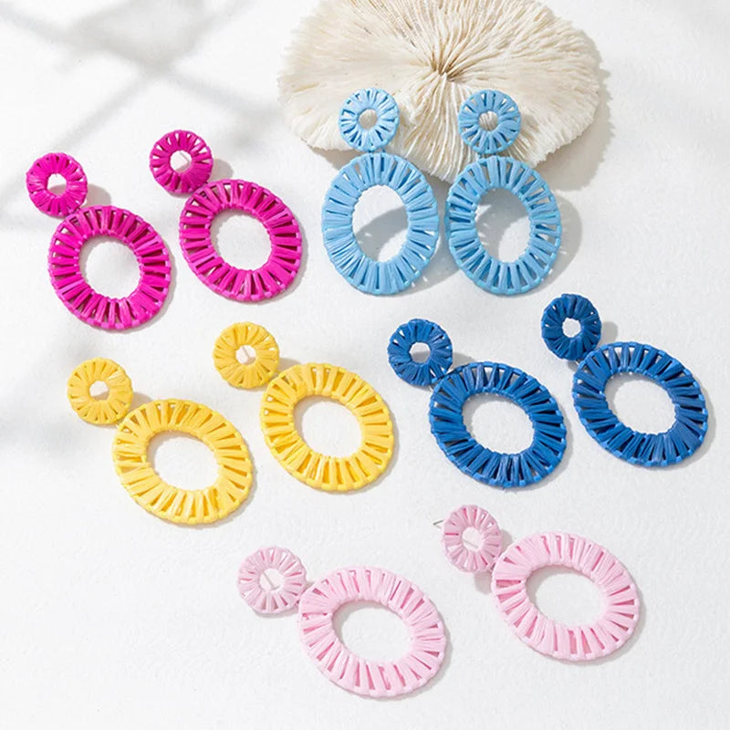 Fashion Geometric Shape Bohemia Handmade Drop Earrings Round Rattan Weaving Boho Earrings