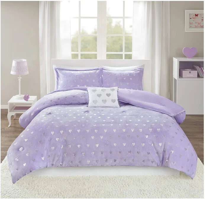 Metallic Printed Hearts Ultra-Soft Microlight Plush Designers Comforter Set Edredom