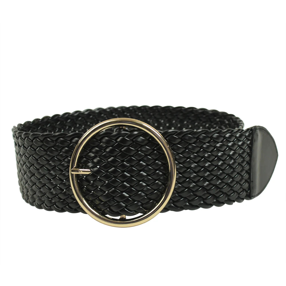 Custom Woven PU Leather Dress Belt for Women Plus Size with Alloy Buckle