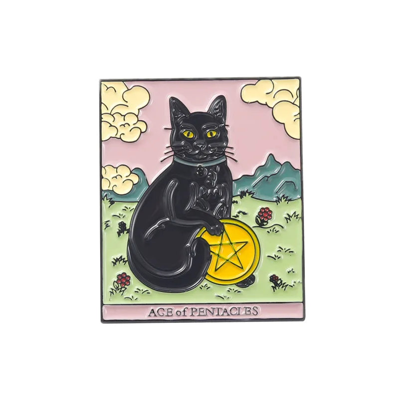 Creative THALO Card Golden Metal Badge Enamel Bad Luck Black Cat Double Brooch Upside Down White Horse Pins Set