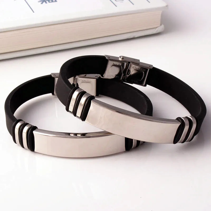Wholesale DIY Engraved Bracelet Fashion Mens Jewelry Stainless Steel Silicone Bracelet