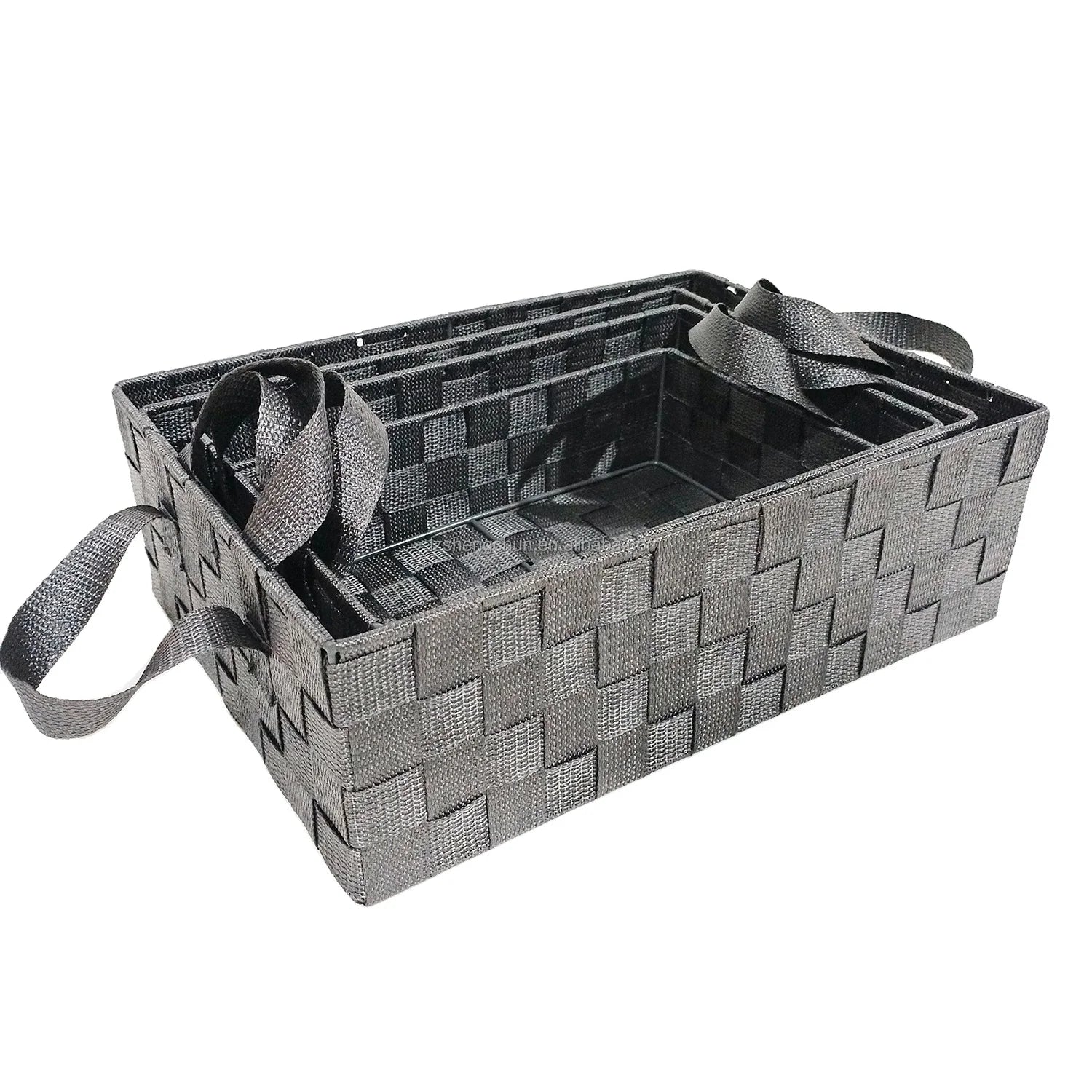 Set of 4 Grey Woven Strap Bins Organizer for Kids Stackable Toy Storage Hamper with Handle for Office Organization