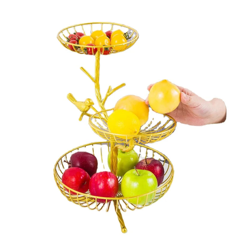 European-Style Modern Gold Three-Layer Multifunction Fruit Basket Living Room Coffee Table Bird Snack Rack Fruit Plate Storage