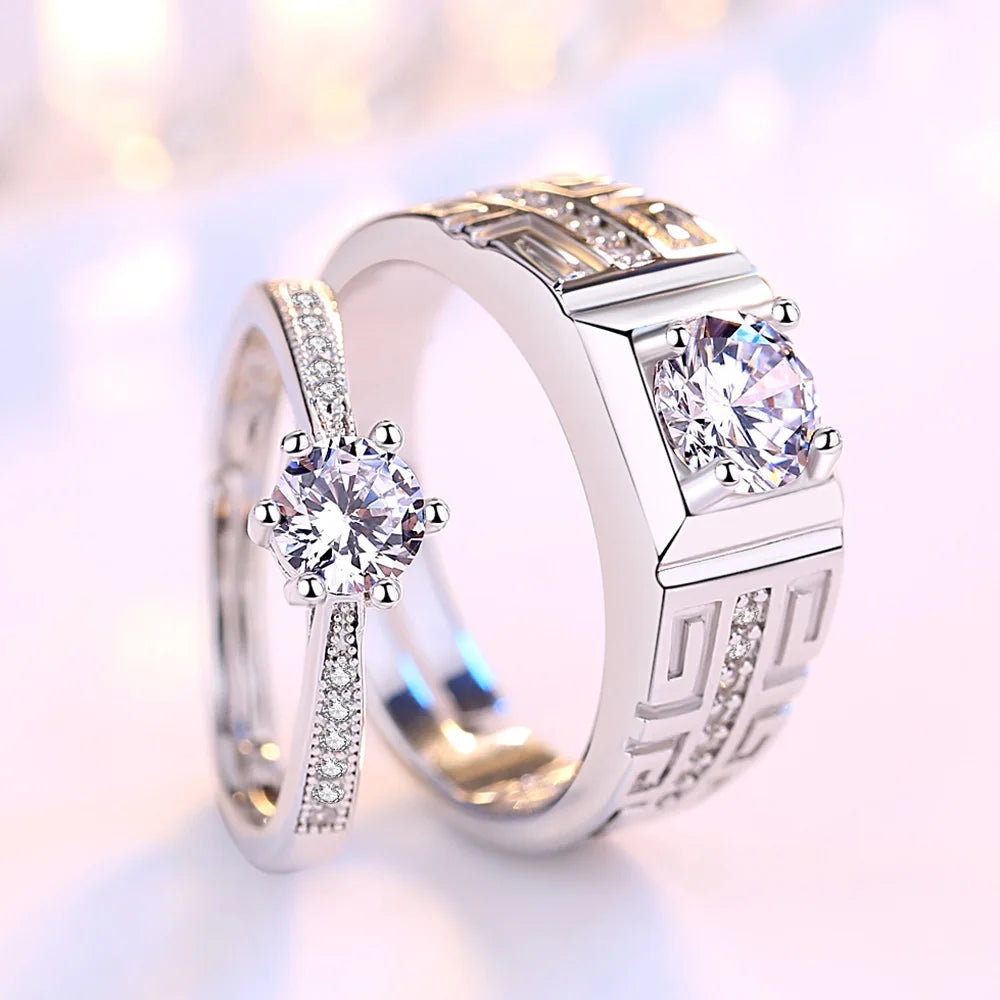 2 Pcs/set Trendy Shining Cubic Zircon Diamond Wedding Ring Jewelry Engagement Ring Fashion Open Adjustable Couple Rings