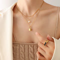 INS Stainless Steel Gold Plated Geometric 3 Layered  Baroque Pearl Link Chain Stitching Lock Pendant Neckl