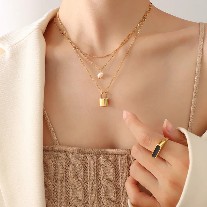 INS Stainless Steel Gold Plated Geometric 3 Layered  Baroque Pearl Link Chain Stitching Lock Pendant Neckl