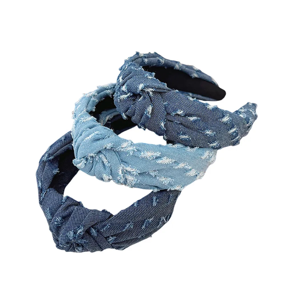New Fashion Cool Girls Denim Knotted Headband for Women Wide Hairbands Blue Hair Hoops Accessories Wholesale
