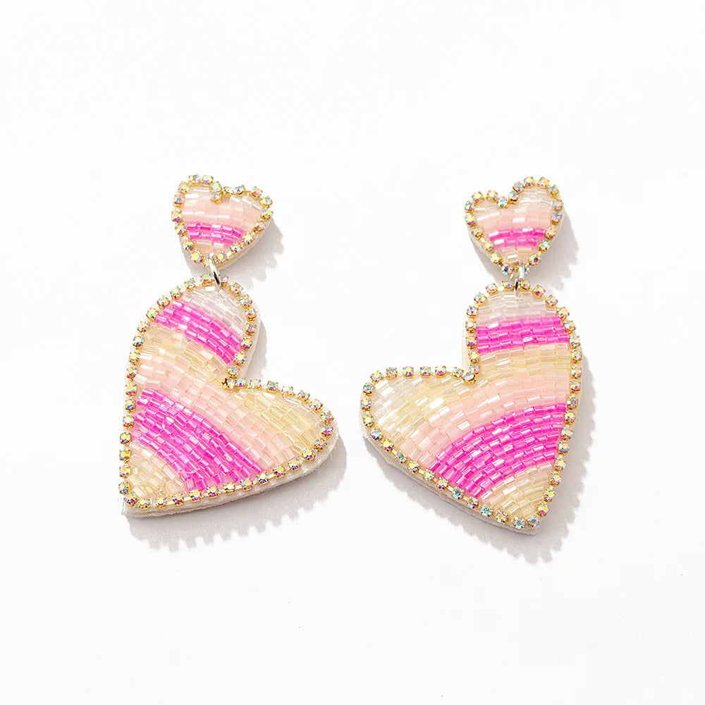 2026 Stock Handmade Gold Plated Trendy Seed Beaded Hot Pink Heart Crystal Huggie Earrings Women's Valentine's Day