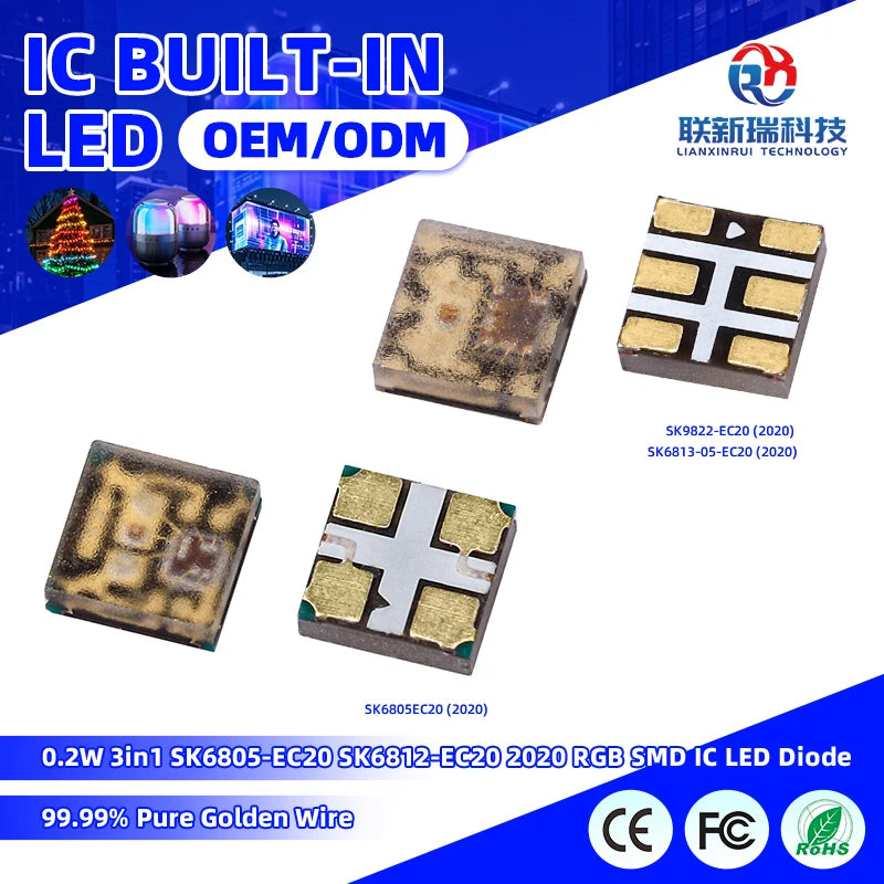 Built-in IC Individual Intelligent Control Addressable Tricolor 3in1 RGB SK6812-EC20 2020 SMD LED Chip SK6805-EC20 0.2W 12mA