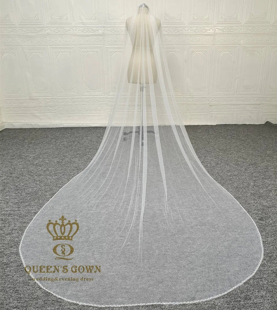QUEENSGOWN Shiny Beads Wedding Dress Veil Long Crystal Pearl Veil for Bride Luxury Beaded Tirm Bridal Veil