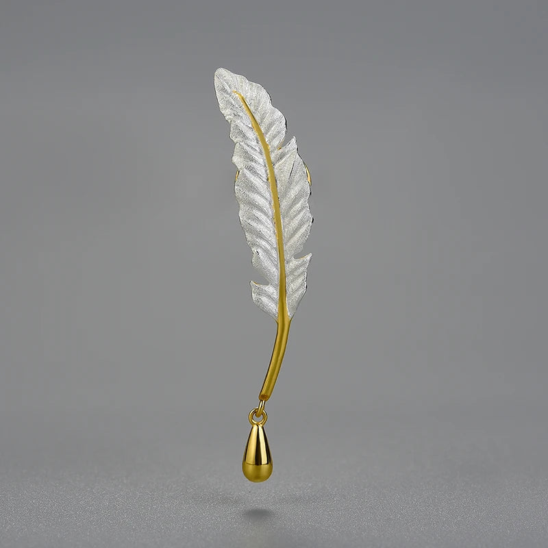 Lotus Fun Handmade 925 Sterling Silver Long Goose Feather Brooches Pin Luxury Fine Jewelry for Women